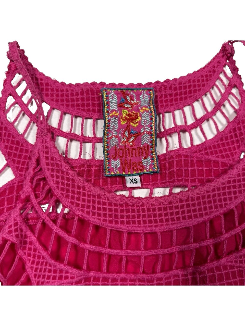 Johnny Was Pink Sleeveless Crochet Yoke Asymmetric Hem Midi A-Line Dress XS